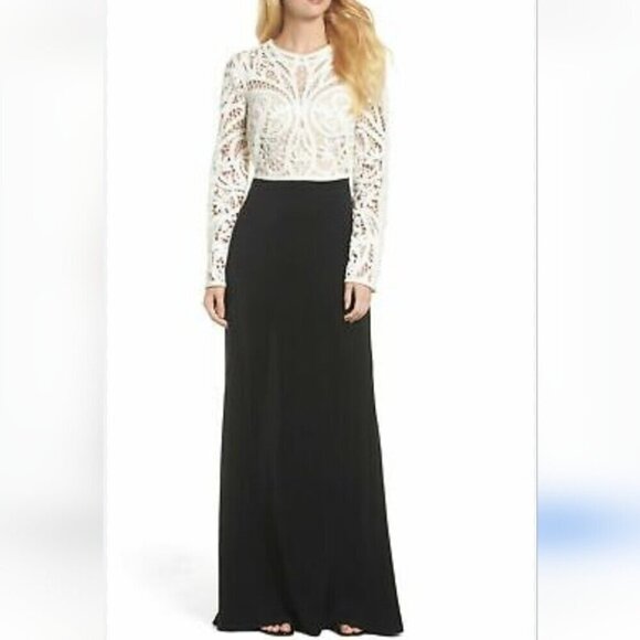 TADASHI SHOJI | CROCHET LACE & CREPE GOWN DRESS black cream sz 8 - Picture 1 of 4
